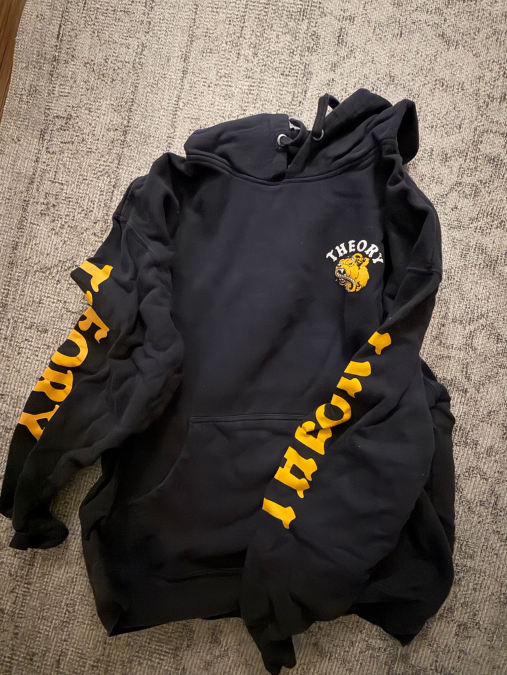 Theory Black Hoodie with Yellow Logo and Sleeve Text